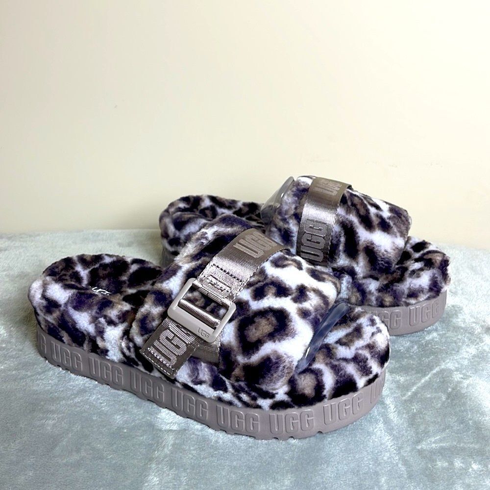 UGG Leopard Print Fluff Slide Sandals in Gray and Black